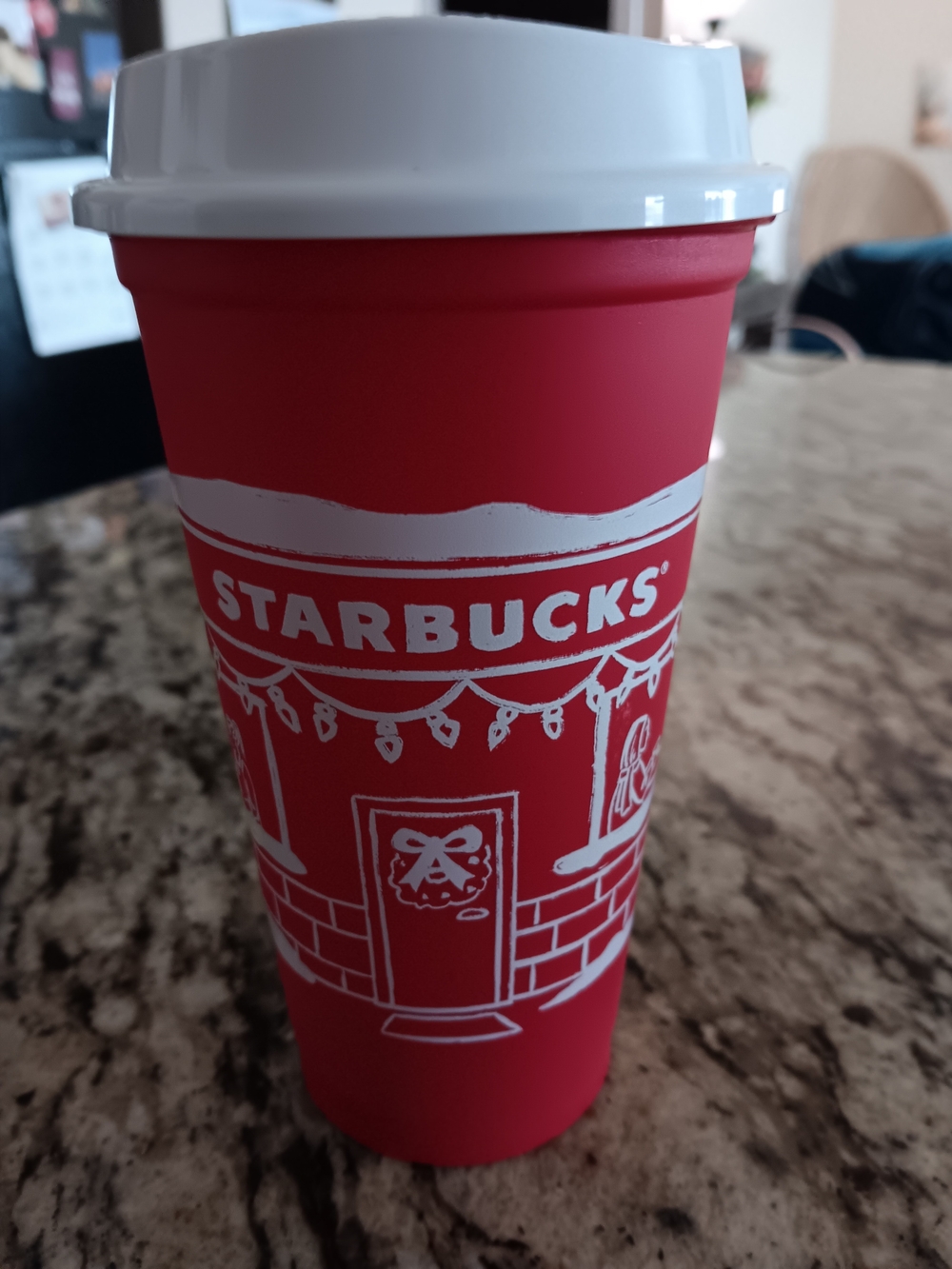 2025 Starbucks Red Cup with White Holiday Graphic and White Lid